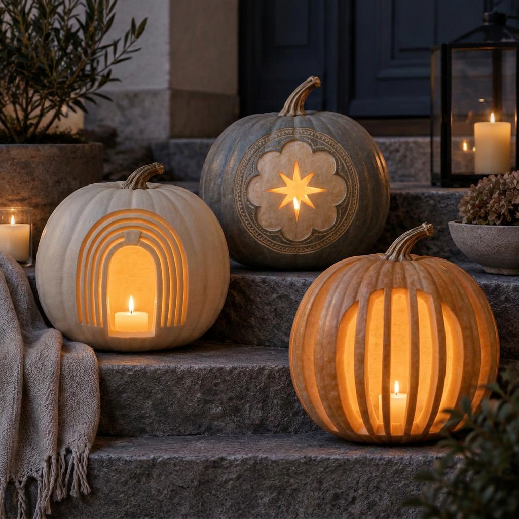 Heirloom pumpkins carved in two-tone relief — stepped arch, star halo and fluted stripes — glowing on stone steps at dusk