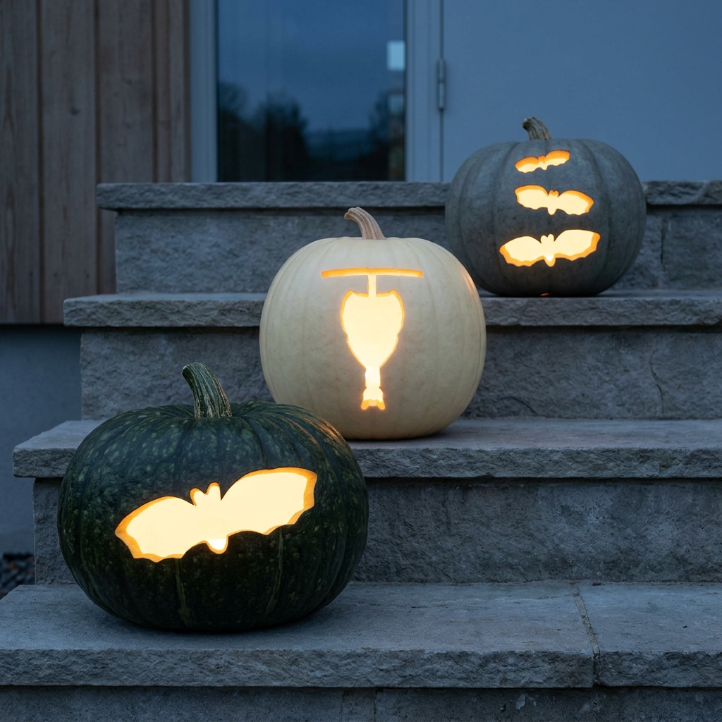 Bat silhouettes from the Nocturne Collection glowing in dark green, white and slate pumpkins on porch steps at dusk
