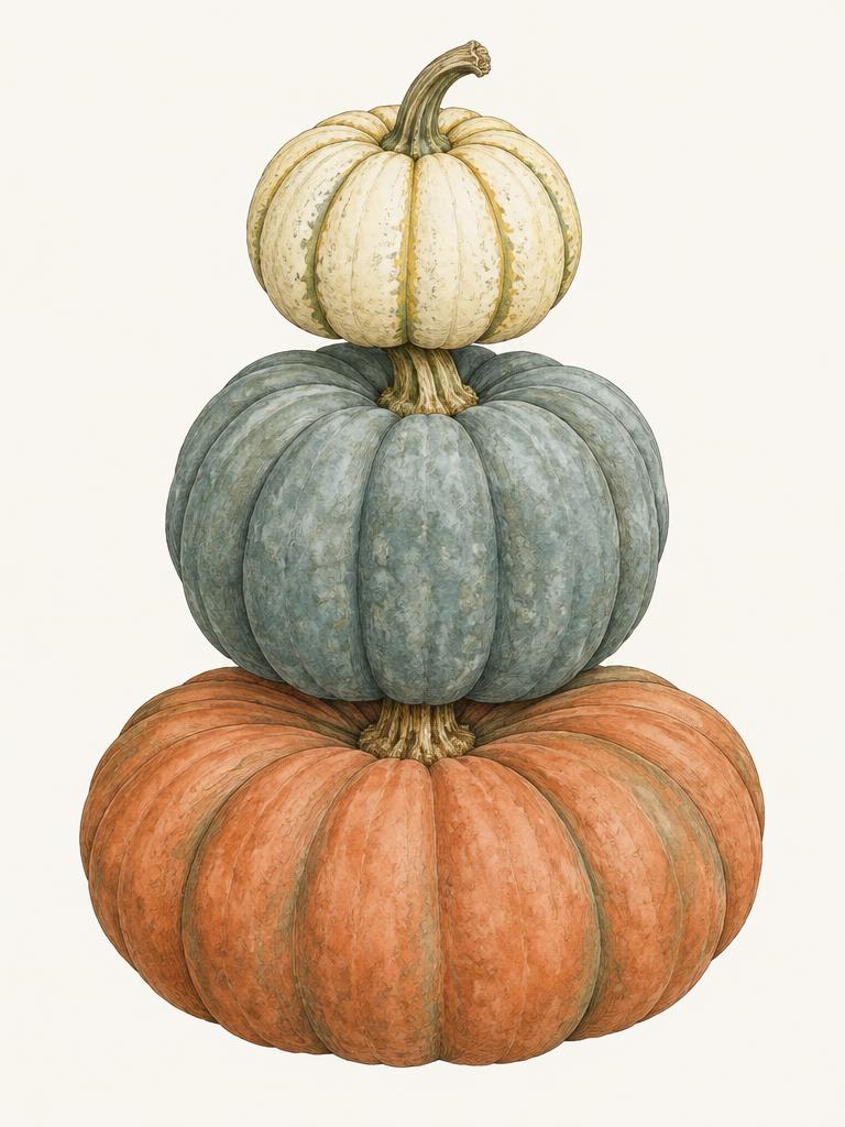 Illustration of a three-tier heirloom pumpkin stack
